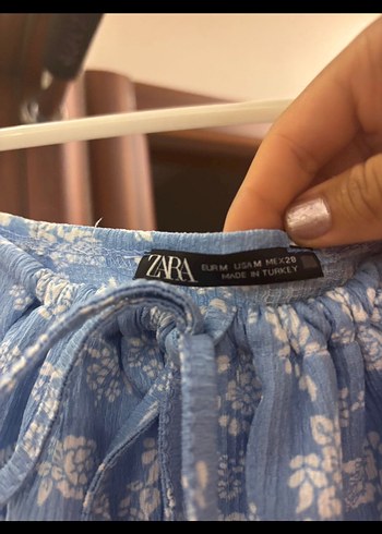 Zara Mavi Çiçekli Uzun Elbise