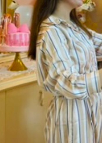 Bej Çizgili Uzun Kadın Elbise - Görsel 5