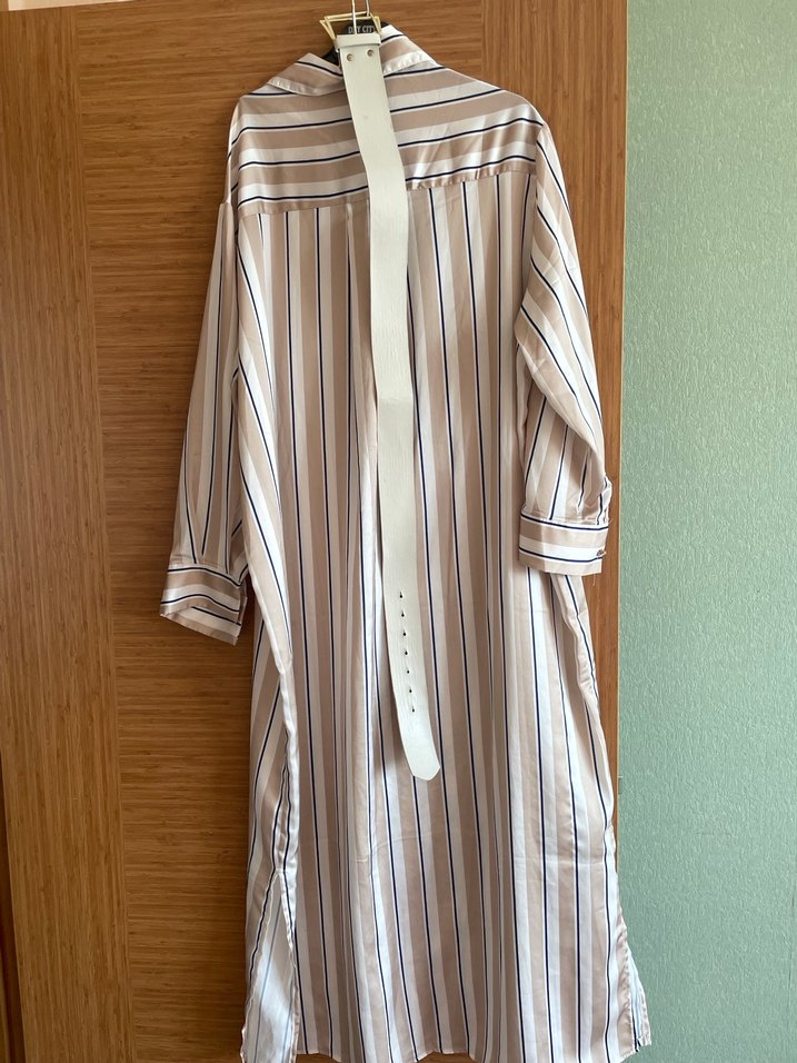 Bej Çizgili Uzun Kadın Elbise - Görsel 3