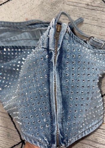 Kadın Mavi Taşlı Kot Büstiyer - Görsel 4