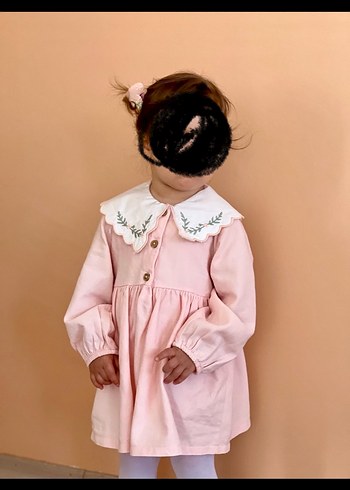 Defacto Nakışlı Yakalı Düğmeli Pembe Kız Elbisesi