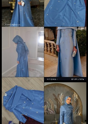 Uzun Kollu, İşlemeli Mavi tesettur Straplez detaylı Abiye Elbise - Görsel 2