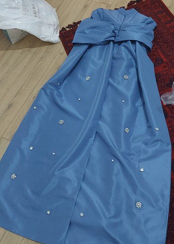 Uzun Kollu, İşlemeli Mavi tesettur Straplez detaylı Abiye Elbise - Görsel 6