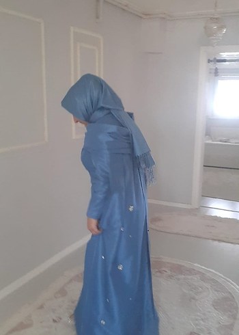 Uzun Kollu, İşlemeli Mavi tesettur Straplez detaylı Abiye Elbise - Görsel 3