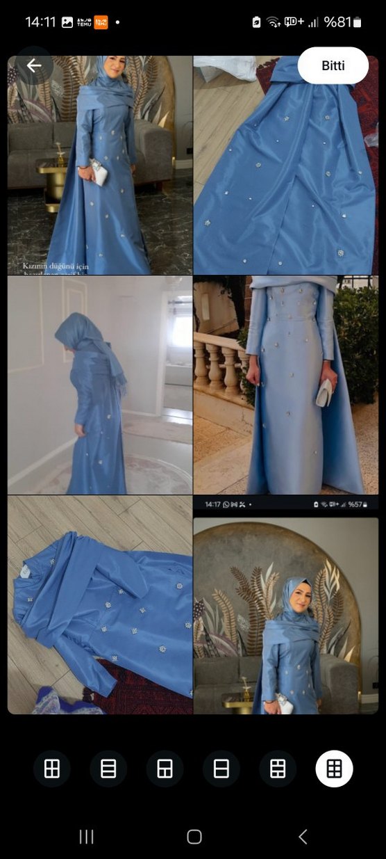 Uzun Kollu, İşlemeli Mavi tesettur Straplez detaylı Abiye Elbise - Görsel 2