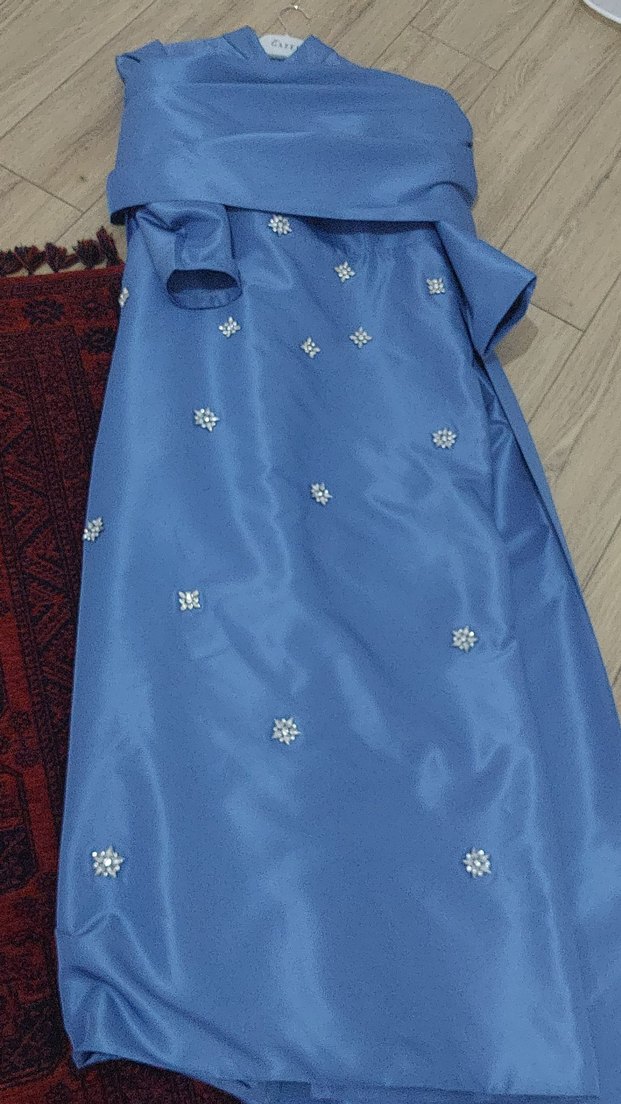 Uzun Kollu, İşlemeli Mavi tesettur Straplez detaylı Abiye Elbise - Görsel 5