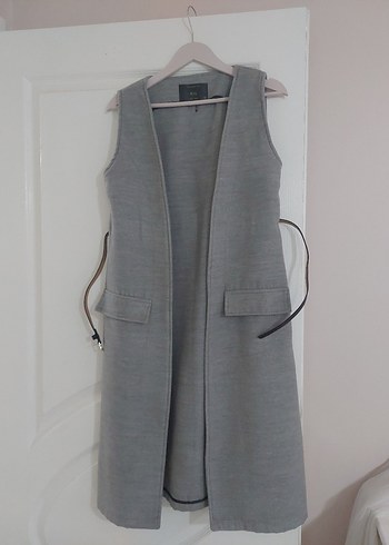 Kemerli Gri Midi Kadın Yelek kaşe - Görsel 2