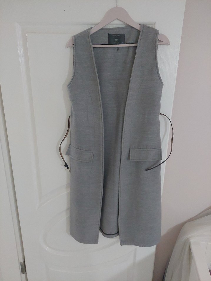 Kemerli Gri Midi Kadın Yelek kaşe - Görsel 4