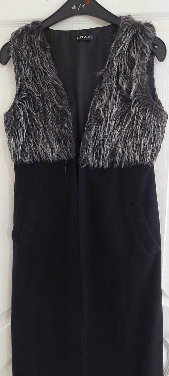 Kürk Detaylı kaşe Uzun Kadın Yelek - Görsel 4