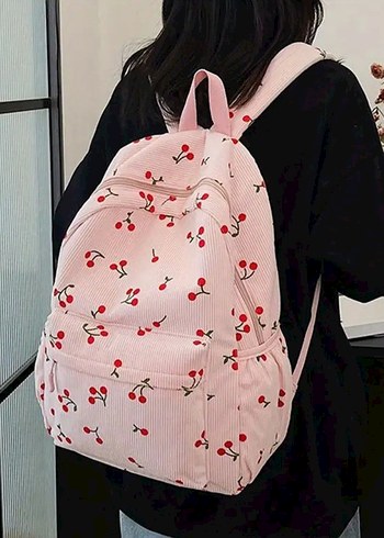 Kiraz desenli pembe çocuk okul çantası