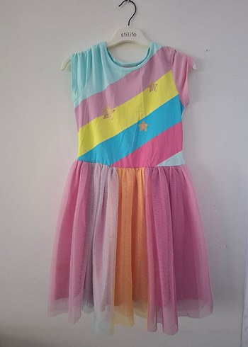 Kız Çocuk Çok Renkli Pilili kollu Elbise - Görsel 2