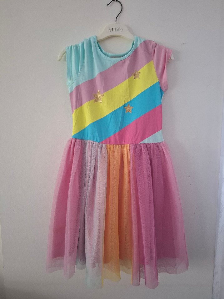 Kız Çocuk Çok Renkli Pilili kollu Elbise - Görsel 2