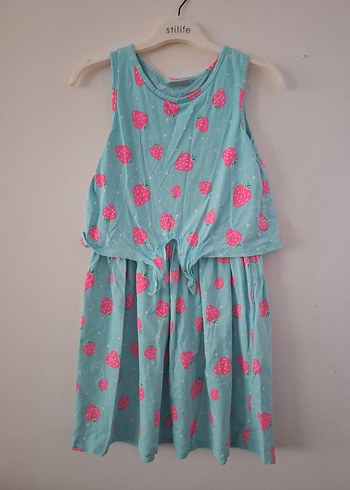 Açık Mavi Pembe Çilek Desenli Kız Elbisesi - Görsel 5