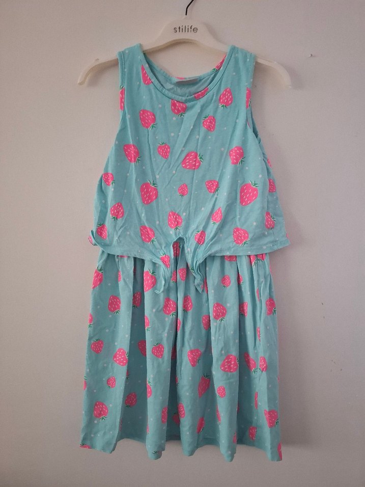 Açık Mavi Pembe Çilek Desenli Kız Elbisesi - Görsel 5