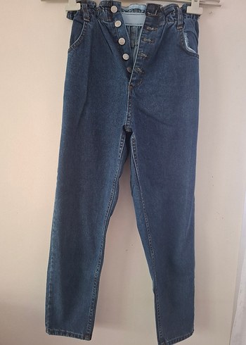 Düğmeli Gri Mavi Kadın Denim Pantolon - Görsel 2