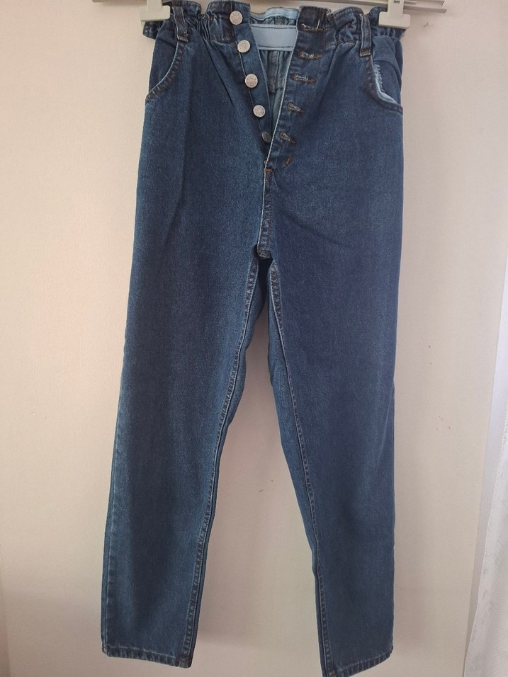 Düğmeli Gri Mavi Kadın Denim Pantolon - Görsel 2