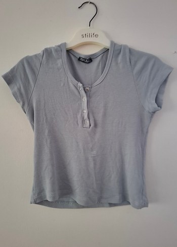 Kadın Gri Kısa Kollu Düğmeli Tişört - Görsel 4