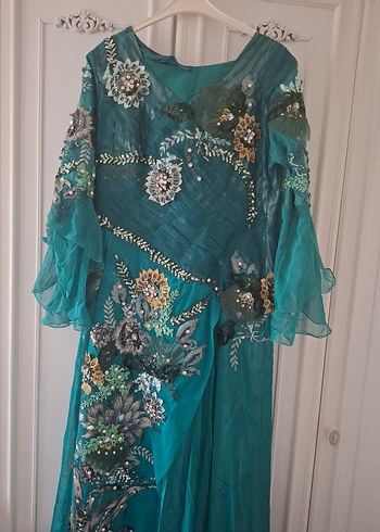 Bohem Nakışlı Uzun Turkuaz Abiye Elbise - Görsel 5