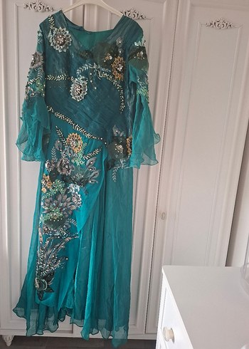 Bohem Nakışlı Uzun Turkuaz Abiye Elbise - Görsel 4