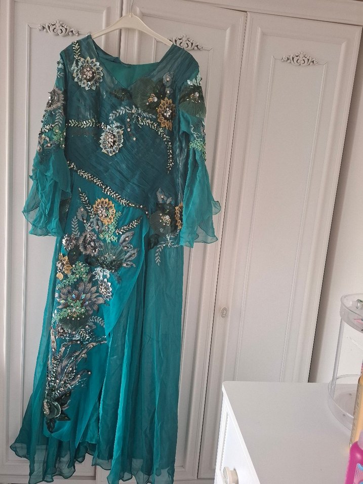 Bohem Nakışlı Uzun Turkuaz Abiye Elbise - Görsel 3