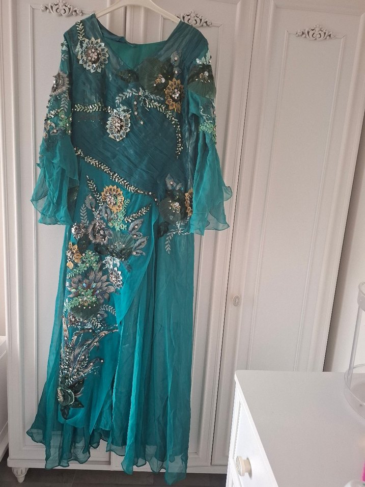 Bohem Nakışlı Uzun Turkuaz Abiye Elbise - Görsel 4