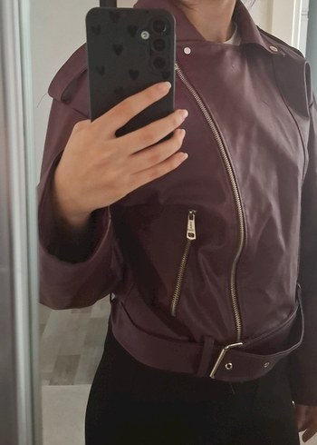 Bordo Deri Biker Ceket - Görsel 3