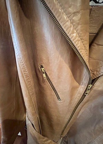 Bej Kadın Deri Kemerli Ceket - Görsel 6