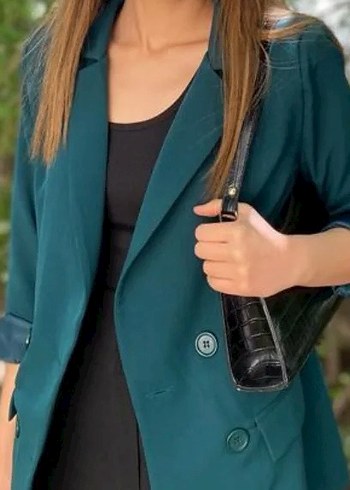 36 Beden Düğmeli Koyu Yeşil Kadın Blazer Ceket