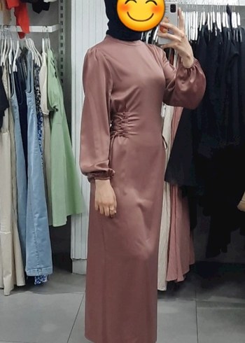 Gül Kurusu Uzun Kollu Saten Elbise
