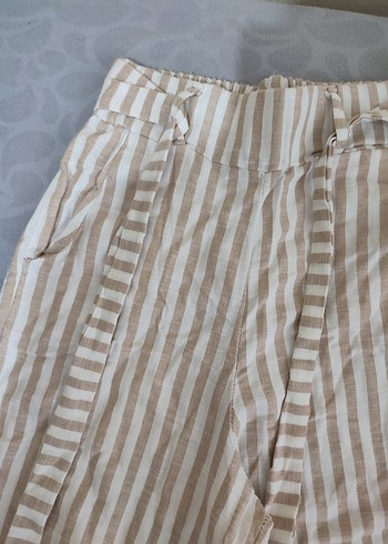 Bej Çizgili Piliseli Kadın Keten Pantolon - Görsel 2