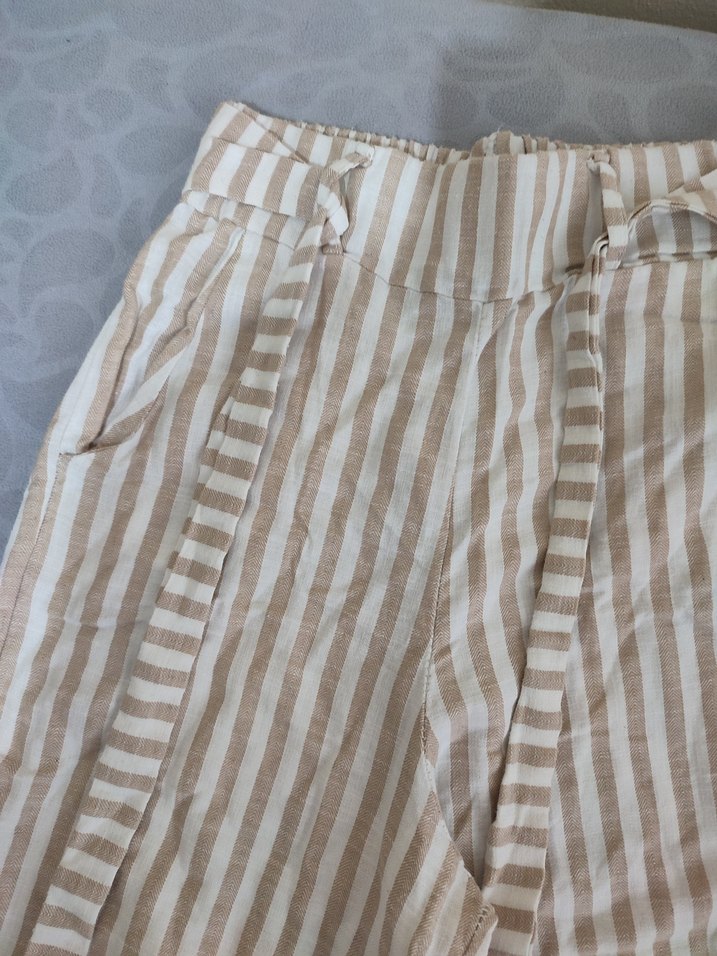 Bej Çizgili Piliseli Kadın Keten Pantolon - Görsel 2