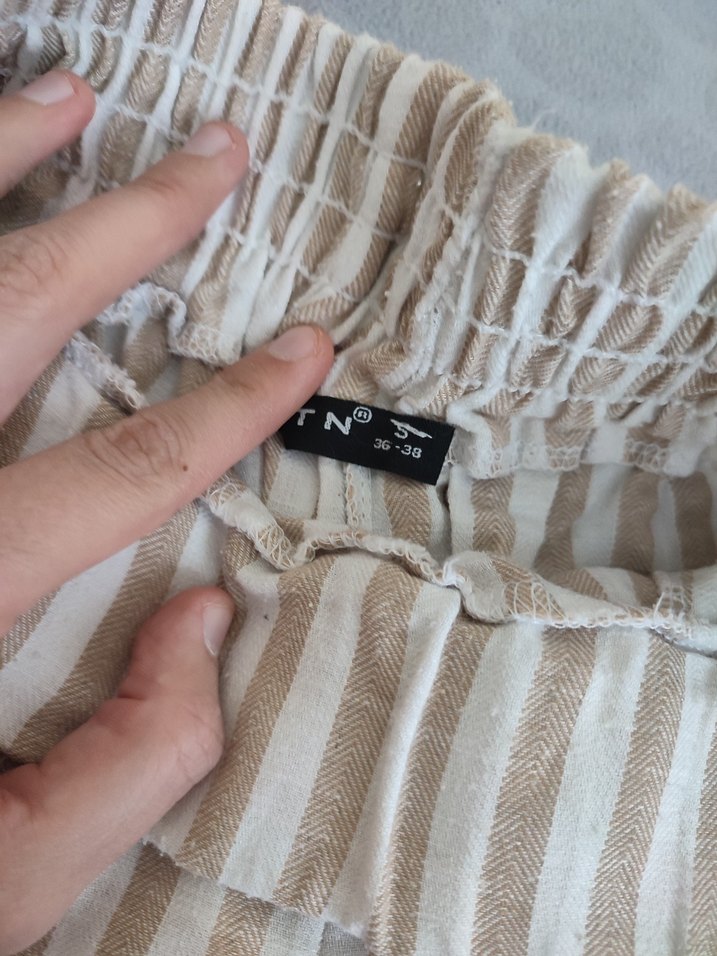 Bej Çizgili Piliseli Kadın Keten Pantolon - Görsel 3