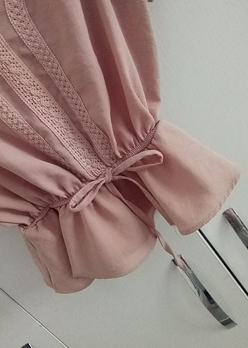 40 Beden pembe Renk Dantel Detaylı Pembe Keten V Yakalı Bluz
