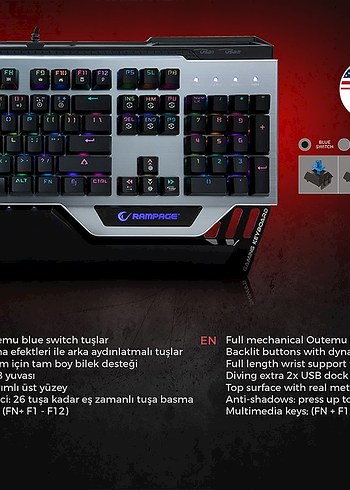 Rampage Commander RGB Alüminyum Ultra Dayanıklı Mekanik Klavye - Görsel 4