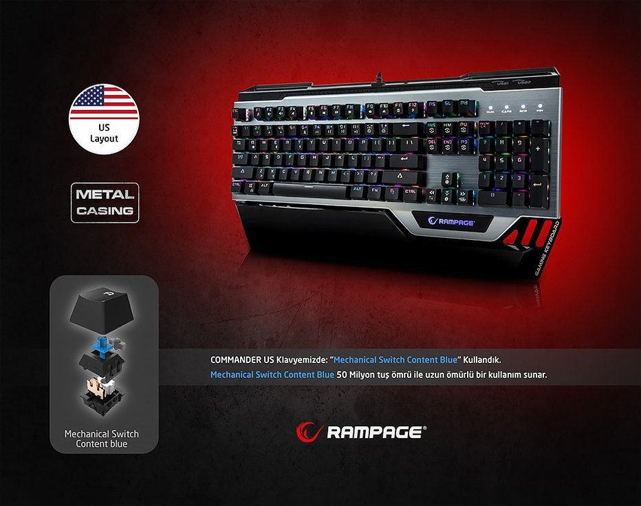 Rampage Commander RGB Alüminyum Ultra Dayanıklı Mekanik Klavye - Görsel 2
