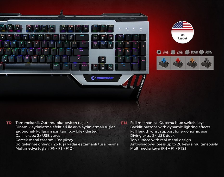 Rampage Commander RGB Alüminyum Ultra Dayanıklı Mekanik Klavye - Görsel 4