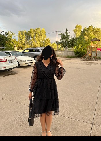 V Yaka Siyah Puantiyeli Midi Goth Elbise