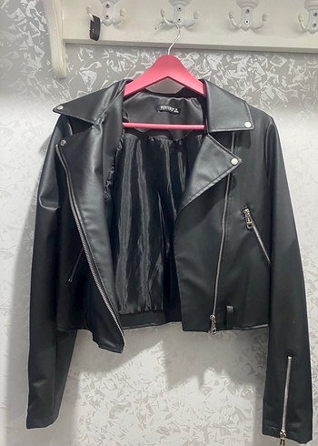 Siyah Deri Biker Ceket Kadın