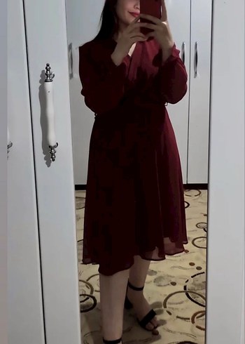 Bordo V Yaka Uzun Kollu Midi Elbise s beden ama m de uyumlu