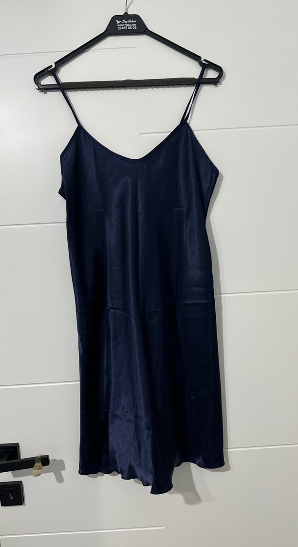 Lacivert Midi Askılı Salaş Kadın Elbise - Görsel 3