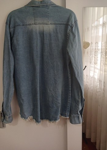 Düğmeli Mavi Kadın kot gömlek - Görsel 3