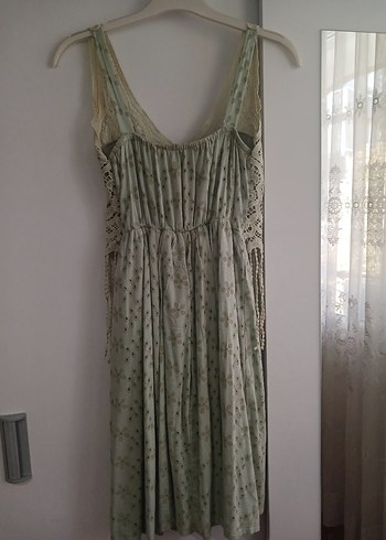 Dantel Detaylı belden ip püsküllü yeşil kısa  Elbise - Görsel 3