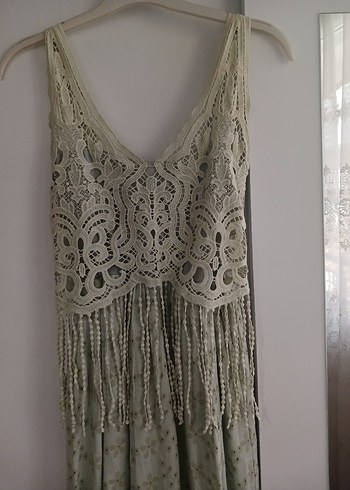 Dantel Detaylı belden ip püsküllü yeşil kısa  Elbise - Görsel 2