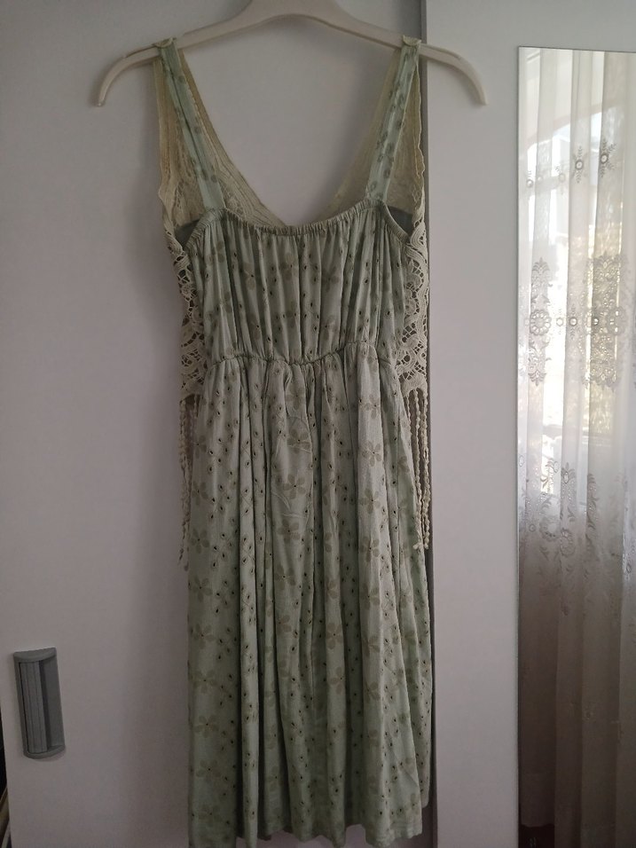 Dantel Detaylı belden ip püsküllü yeşil kısa  Elbise - Görsel 3