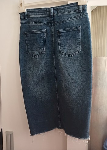 Kadın Gri Mavi Denim Yırtmaçlı Midi Etek - Görsel 2