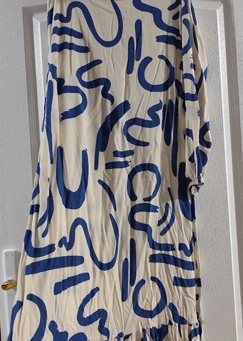 Mavi Batik Desenli Uzun Keten Elbise - Görsel 2