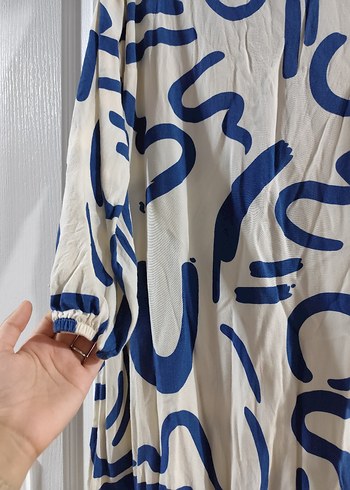 Mavi Batik Desenli Uzun Keten Elbise - Görsel 3