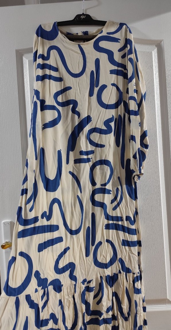 Mavi Batik Desenli Uzun Keten Elbise - Görsel 2