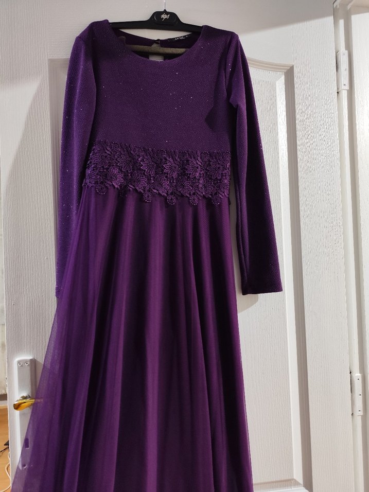 Mor Uzun Kollu Kadın Abiye Elbise - Görsel 2