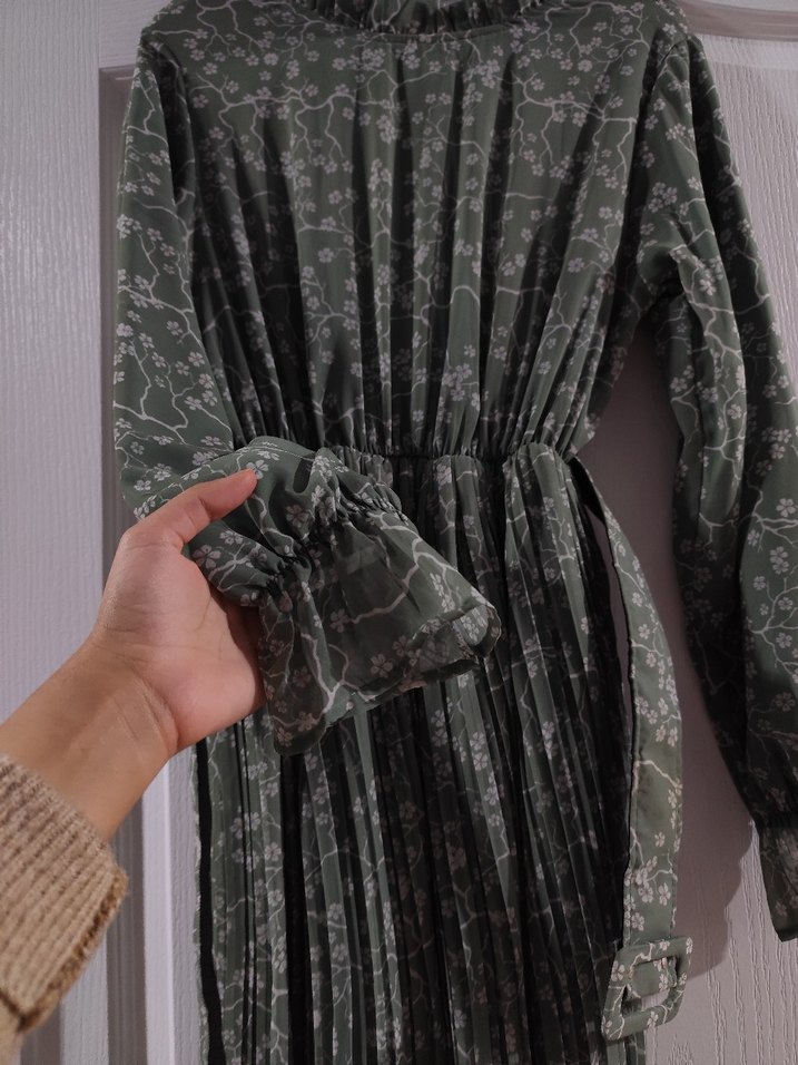 Yeşil Vintage Bohem Uzun Pileli Elbise - Görsel 3